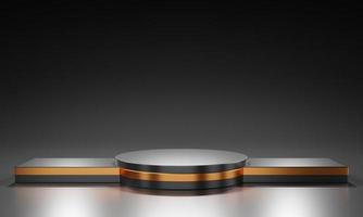 3d rendering of studio light black premium and gold pedestal a podium with a square platform on black background round gold shape cylinder stand with product show or copy space photo