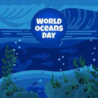 World Oceans Day in Blue Nuance Beach and Sea Life Concept vector