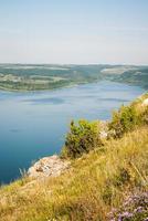 Vertical summer landscape with river and hills photo