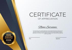 Fondo de plantilla de certificado de logro azul y oro con insignia de oro y diseño de diploma de premio de borde en blanco vector