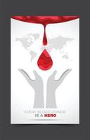 tarjeta de donación de sangre con mano y concepto mundial vector