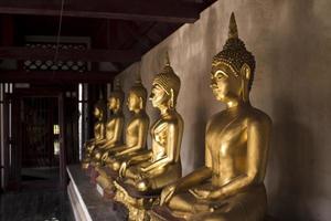 City, Country, MM DD, YYYY - Gold buddha statues in temple