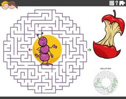 juego educativo de laberinto con hormiga de dibujos animados y núcleo de manzana vector