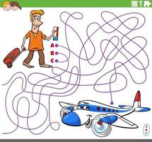 educational maze game with cartoon man and airplane vector