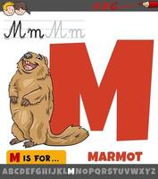 letter M from alphabet with cartoon marmot animal character vector