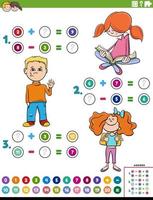 Tarea educativa de suma y resta de matemáticas con niños. vector