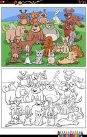 cartoon dogs and cats and rabbits characters coloring book page vector