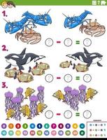 Tarea educativa de resta con dibujos animados de animales marinos. vector