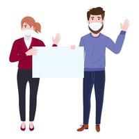 Cute young businessman and businesswoman characters team set wearing beautiful business outfit and facial fabric mask standing holding placard and waving vector