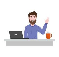 Young beautiful businessman character setting on desk with laptop plant coffee and posing waving isolated vector