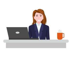 Young beautiful businesswoman character setting on desk with laptop plant coffee and posing vector