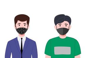 Cute young businessman characters wearing beautiful business outfit and facial fabric mask isolated vector