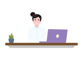 Young beautiful businesswoman character setting on desk with laptop plant and posing vector