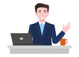 Young beautiful businessman character setting on desk with laptop plant coffee and posing waving vector