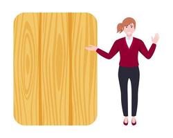 Cute young businesswoman character wearing beautiful business outfit standing with blank wooden presentation board and posing pointing waving vector