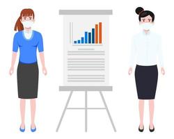 Cute young businesswoman characters wearing beautiful business outfit and facial mask standing with sales presentation board and pointing waving isolated vector