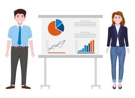 Cute young businessman and businesswoman character wearing beautiful business outfit standing with sales presentation board and posing isolated vector