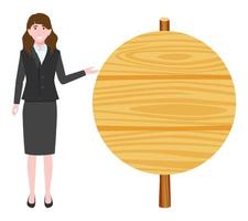 Cute young businesswoman character wearing beautiful business outfit standing with blank wooden presentation board and posing waving pointing vector