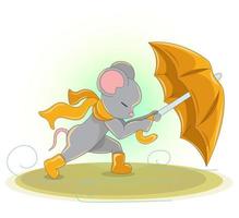 Vector image of a mouse with an umbrella and rubber boots in autumn in bad weather