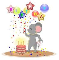 Vector image of a mouse celebrating a birthday with a big cake and a cracker