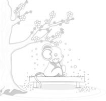 Vector image of a mouse sitting under a flowering tree on a bench