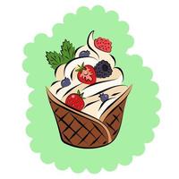 This is a waffle basket with vanilla ice cream and whipped cream and berries with mint leaves on top vector