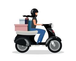 Driving scooter with goods bunch flat color vector faceless character