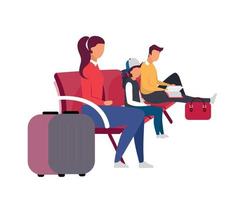 Waiting for flight at airport flat color vector faceless characters