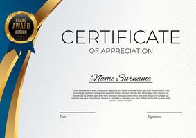 Blue and gold Certificate of achievement template Background with gold badge and border Award diploma design blank vector