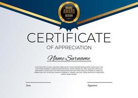 Blue and gold Certificate of achievement template Background with gold badge and border Award diploma design blank vector