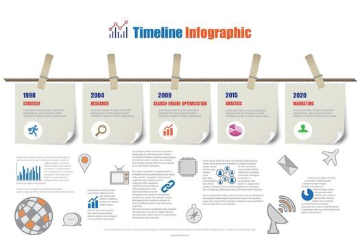 Business timeline infographic report hanging on a rope with clothespin design for abstract template element diagram process technology digital marketing data presentation chart Vector illustration
