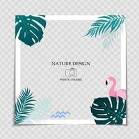 Natural Background Photo Frame Template with Palm leaves amd cute pink flamingo for post in Social Network vector