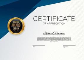 Blue and gold Certificate of achievement template Background with gold badge and border Award diploma design blank vector