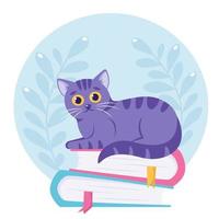 Cute cat lying on the books stack World book day vector