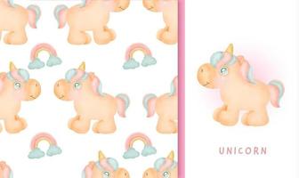 Seamless pattern and greeting card with cute unicorn vector