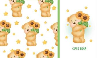 Tarjeta de felicitación de cumpleaños de patrones sin fisuras con lindo oso de peluche sosteniendo un girasol vector