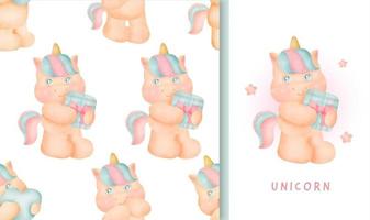 Seamless pattern and greeting card with cute unicorn vector