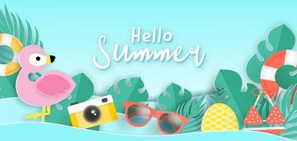 Summer banner with tropical flamingo and summer elements vector