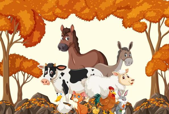 Farm animals group in the autumn forest scene