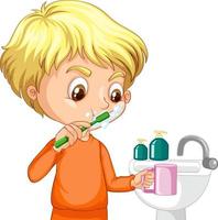 personaje de dibujos animados de aboy cepillándose los dientes con fregadero de agua vector