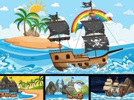 Set of different beach scenes with pirate ship vector