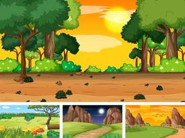 cuatro escenas diferentes de parque natural y bosque. vector