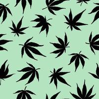 Seamless pattern of cannabis leaves on a green background. Black hemp leaves on a green background. Vector illustration