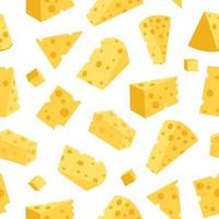 Cheese seamless pattern. Pieces of yellow cheese, isolated on a white background. Pieces of cheese of various shapes. Vector flat illustration