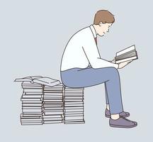 Young man cartoon character sitting on stacks of books with book in hands and reading vector