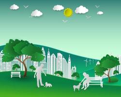 concepto de eco con la naturaleza y la construcción de pareja aman a los perros felices en el parque de la ciudad vector