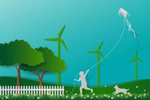 Happy child playing kite in the meadow with dog concept of love the earth save nature and environment vector