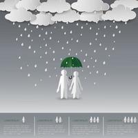 Couple standing on rainy day paper art and origami design vector