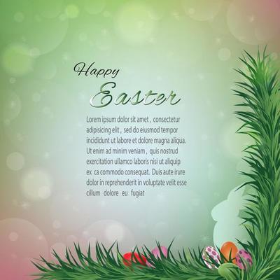 Happy Easter greeting card colorful bokeh background with rabbit and eggs on grass