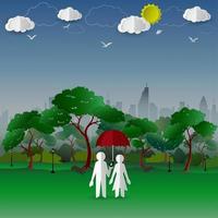 Concept of couple in the city park with town building background vector